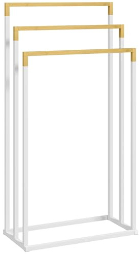 kleankin Toallero Escalera de 3 Niveles Toallero de Pie con 3 Barras de Bambú y Marco de Acero Toallero para Baño Lavadero 45x22,5x86 cm Blanco y Natural