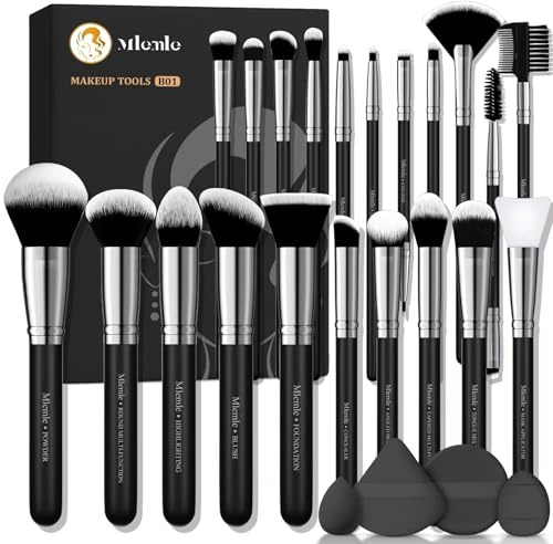 Makeup Brushes Set, Mlemle Professional 25 Pcs Makeup Kit, Include Foundation Powder Blush Concealers Eye shadows 21 Pcs Makeup Brushes and 2 Powder Puff, 2 Makeup Sponge(B01-Black)
