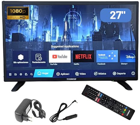 TEBER. Smart TV 27 12V/24V/230V Android 11 Full HD Commande Vocale Haute Résolution 1920x1080 DVB-S2/C/T2/T pour camping-cars, cuisines, chambres, campeurs, bateaux, camions (68,6 cm)