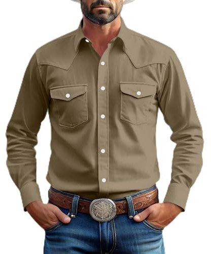 Men's Two Pocket Long Sleeve Button Work Shirt Vintage Solid Color Lapel Shirt Slim Fit Men's Casual Shirts Cowboy Cut Western Style