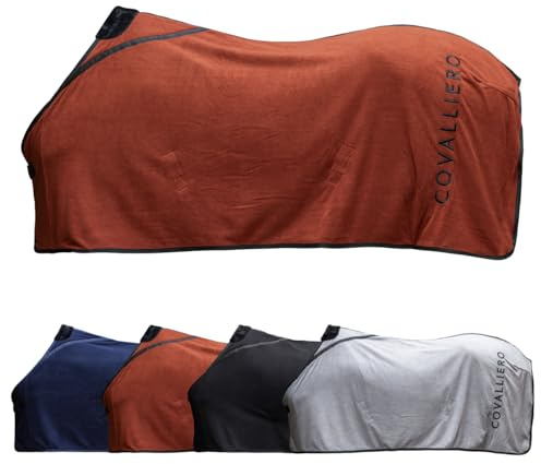Covalliero - Fleecedecke – Pferde Abschwitzdecke – Decke mit Widerristpolster aus Fell, Kreuzgurten, Brustschnalle & Schweifriemen – atmungsaktive Pferdedecke in Rust – Größe 155cm