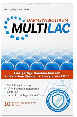MULTILAC Darmsynbiotikum – 9 Bakterienstämme mit FOS für die Darmflora mit 4,5 Mrd. KBE pro Kapsel, magensaftresistente Kapseln, vegan, gluten- & laktosefrei, ohne Titandioxid, 10 Kapseln