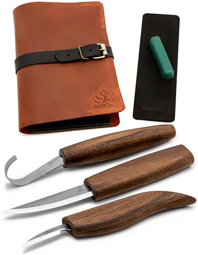 BeaverCraft Holzschnitzmesser Set Deluxe S13X Holzschnitzset für Löffel Schnitzen - Holz Schnitzwerkzeug - Schnitzmesser Hohlbeitel Hakenmesser mit Lederetui Poliermittel