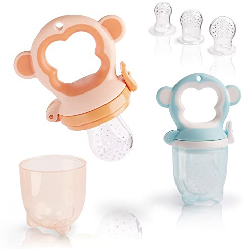 iFancy 2 Tetinas de Fruta Mono para Bebé y Niño + 6 Tetinas de Silicona en 3 Tamaños | Seguro + Libre de BPA |Tetina de Pecho Red de Fruta Mordedor de Chupetín de Fruta Papilla de Bebé