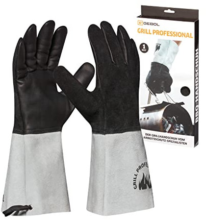 Gebol Grill Professional (1 Paar) - Hitzebeständige Grillhandschuhe mit Aramid-Futter, Rindervollleder Handinnenfläche, 14cm Stulpe für Schutz vor Funkenflug bis 100°C