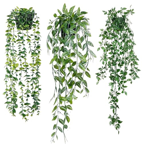 Sggvecsy Fake Hanging Plants 3 Pack Artificial Eucalyptus Fake Potted Greenery Faux Eucalyptus Mandala Vine Pea Pod for Home Indoor Outdoor Wall Garden Wedding Decor