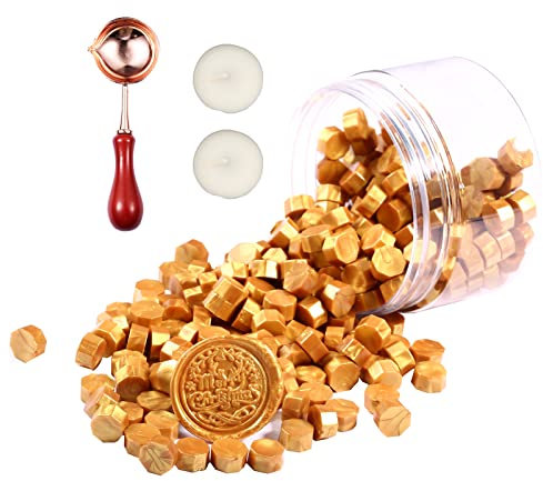 Comealltime 248 Stück Siegelwachs Set, Achteckige Siegelwachsperlen mit 2 Teelichtern&1 Schmelzlöffel, Siegellack für Wachssiegel Stempel (Gold)