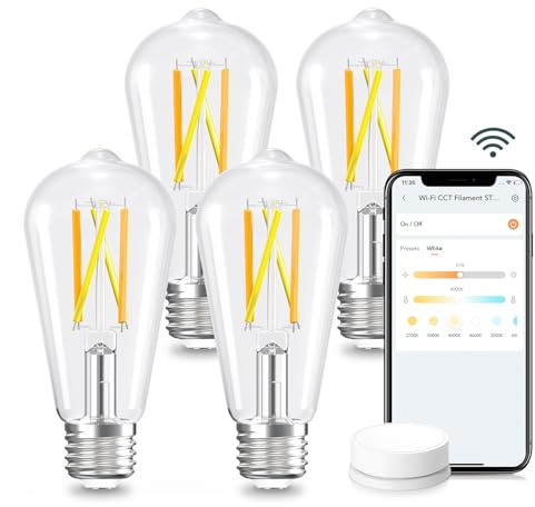 Linkind E26 Smart Edison Bulbs, 2700K-6500K Tunable WiFi Edison Bulbs with Remote Control, 8W 60W Equivalent Dimmable ST19 (ST58) Vintage Light Bulbs 800lm, Compatible with Alexa & Google Home, 4-Pack