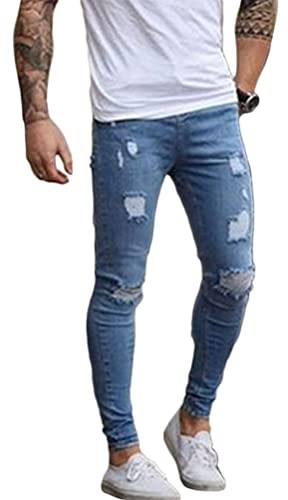 Osheoiso Vaqueros Rasgados de Hombre Skinny Denim Jeans Vintage Pantalone con Cremallera Moda Casuales Elasticos Agujero Pantalón Largo Vaqueros Ajustados D Azul Claro S