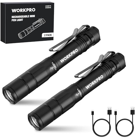 WORKPRO Rechargeable Pen Light, Mini Flashlight, 2 Pack Ultra-Compact EDC Flashlight, Pocket Flashlight with Clip, Memory Function and 2 x USB C Cable Included, Black