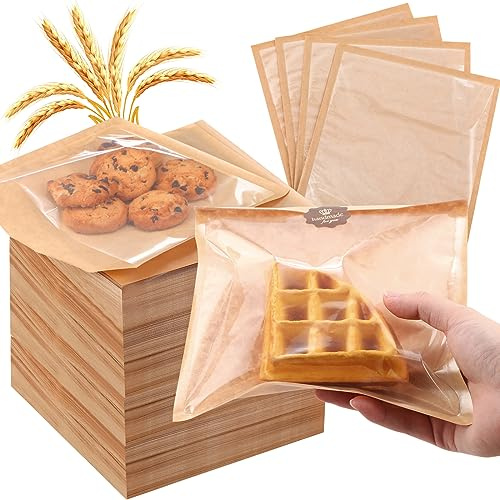 Yeaqee 600 Pcs Bakery Bags 7.1 x 7.5 Inches Heat Sealable Donut Bag with Window Paper Sandwich Bag Grease Resistant Cookie Packaging Kraft Sleeves for Pastries Snacks Egg Biscuits Treat