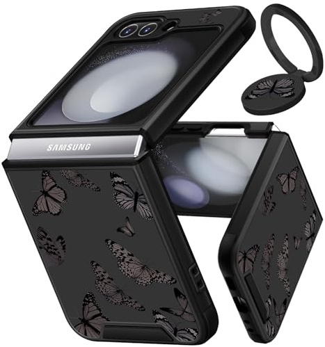 Funermei for Samsung Galaxy Z Flip 5 Case - Butterfly Women Girls Cute Phone Cover Pretty Aesthetic Girly Black Butterfly Design with Ring Stand Funda for Samsung Z Flip 5 Cases 6.7'' (2023)