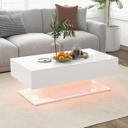 GOPLUS Mesa de Centro con LED Moderna, Mesa Baja Rectangular de 2 Niveles con 2 Cajones de Almacenamiento, 20 Colores LED, Mando a Distancia, Mesas de Café para Salón Carga 100KG, 110x60x40cm (Blanco)