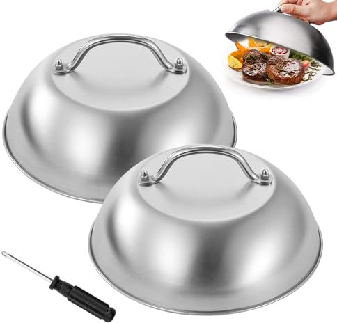 KUWUNG Campana Para Hamburguesas de Acero Inoxidable, 2 piezas Cubierta Para hamburguesas de 9 pulgadas, Campana Para Derretir con Mango Anti-escaldaduras Para Hamburguesas Con Queso