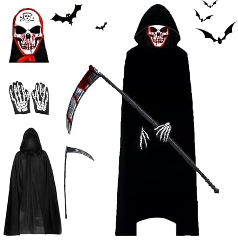 Aicerous® Costume Mietitore Mantello Mietitore di Halloween per Adulte e Bambino, Costume da Tristo Mietitore con Falce, Maschera da Teschio, Guanti, per Halloween, Cosplay, Carnevale (C, Bambino)