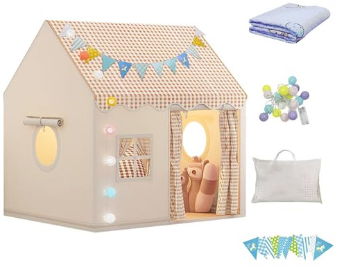 DOKKOME Tente d'intérieur pour enfant - Maison de jeu avec tapis et lumières - Tente de jeu pour garçons et filles - Château d'enfant - Décoration pour enfants à partir de 3 ans - Marron clair