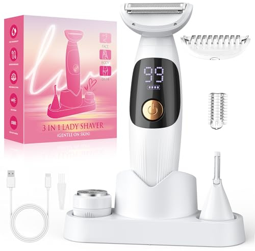 Rasierer Damen,3-In-1 Intimrasierer für Frauen & Gesichtshaarentferner für Frauen,IPX7 Wasserdicht, Nass&Trocken,Damenrasierer Elektrisch für Bikinizone,Achseln,Beine,Bikini Trimmer mit USB Aufladung