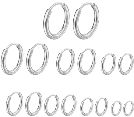 Lot de 8 paires de boucles d'oreilles en acier inoxydable pour hommes et femmes, petites jantes chirurgicales hypoallergéniques et légères, argent 6-20 mm