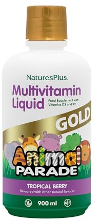 NaturesPlus Animal Parade Gold Liquid Multivitamin - Food Extracted Vitamins and Superfoods for Kids - Natural Tropical Berry Flavour - Immune Support - Gluten Free, Vegetarian - 900ml