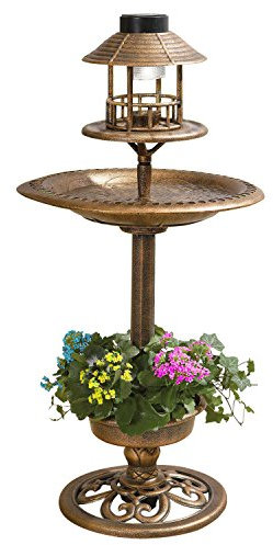 Parkland 3 In 1 Copper Effect Bird Bath & Table Bird Hotel Feeder with Solar Light and Planter Lightweight Fountain Decoration Garden Outdoor Birds Water (Bronze)