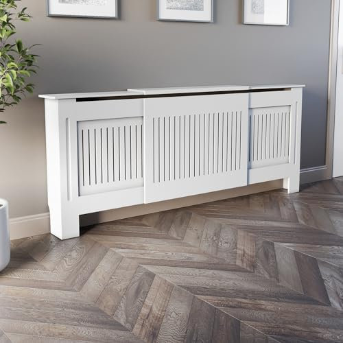 DuraTherm® Radiator Cover White Painted Modern Vertical Slat Shelves MDF Cabinet Shelf for Radiators, Living Rooms, Bedrooms, Adjustable