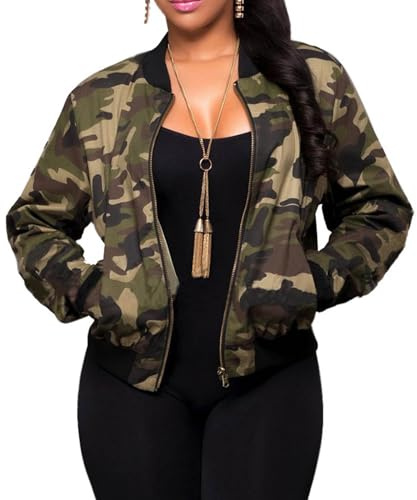 xxxiticat Women's Camo Bomber Jacket Zipper Camouflage Moto Outwear GR-M