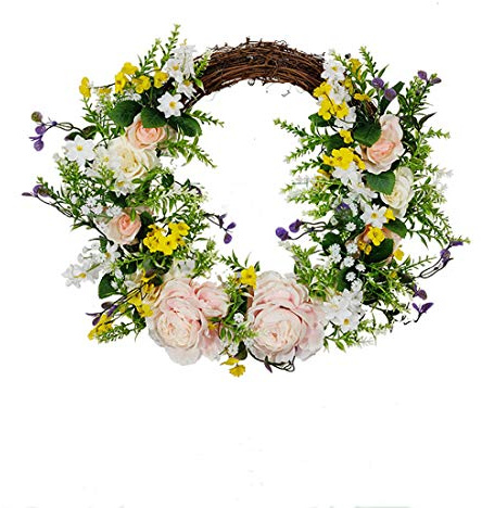FLCSIed Artificial Peony Wreath Handmade Flower Wreath with Eucalyptus Leaves Summer Spring Grapevine Wreaths Decoration for Door Farmhouse Party Wedding Home Wall Hanging Decor