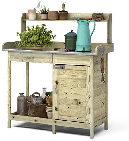 ARNOT Potting Bench,Outdoor Potting Bench Table with Sink and Storage Shelves, Wooden Garden Workstation for Gardening Tools, Planting, and Repotting – Natural Fir Wood (44” x 18” x 49.5”)