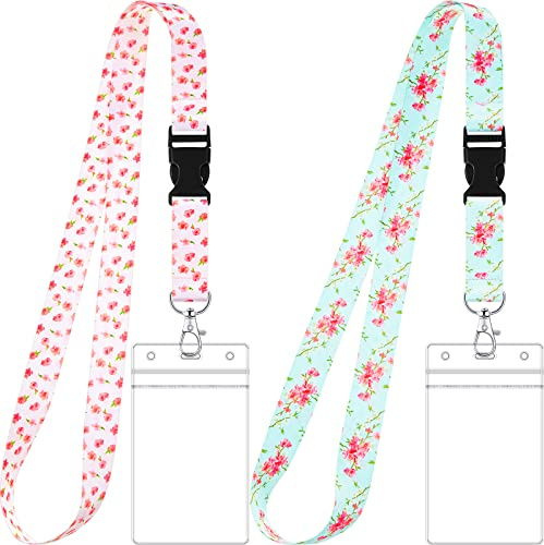 Zonon 2 Set Lanyard with Card Holder Neck Strap Star Lanyard and Waterproof Transparent Badge Holder for ID Card Key Chain Cruise Office School Work Trip Gift Purple(Floral)