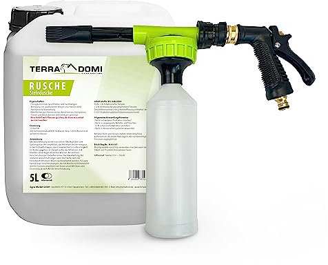 Terra Domi Rusche Steindusche 5 L + innovatives Sprühsystem, Steinreiniger für bis zu 2000 m², Reinigungsmittel für saubere Wege & Plätze, Wegerein, biologisch abbaubar