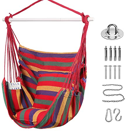 Goutime Poltrona Altalena Sospesa, Sedia a Dondolo in Cotone Morbido con 2 Cuscini e Borsa di Conservazione, Max Portata 150kg, Ideale per Camera da Letto, Patio, Giardino e Balcone (Rosso)