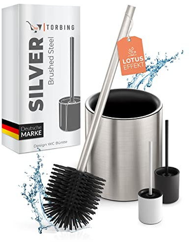 TORBING - Design Klobürste Silikon - Toilettenbürste Edelstahl - Hygienische Klobürste mit schlichtem Halter aus hochwertigem Edelstahl - Moderne WC Bürste Silikon mit Lotuseffekt