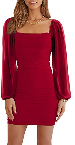 Wenrine Damen Kleider Party Cocktail Club Bodycon Kleid Hochzeitsgast Mesh Langarm Square Neck Minikleid Slim Fit(Rot,M)