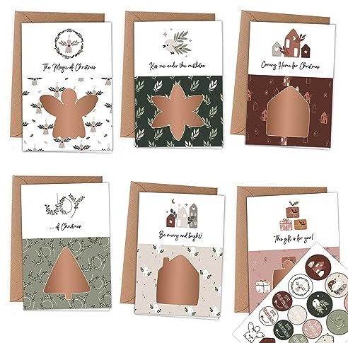 Papierdrachen 6 Klappkarten zum Freirubbeln zu Weihnachten in DIN A6 - mit 6 Packpapierumschlägen und passenden Dekoaufklebern - Verschicke einzigartige Weihanchtspost - Hygge - Set 02