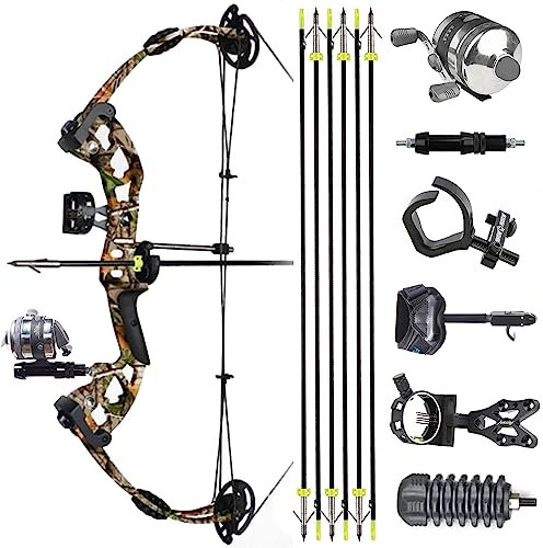 Bogenfischen Bogen mit Pfeile Set 30-55 Lbs Einstellbare Compound Bogen Angeln Kit Jagdbogen für Erwachsene Jugend Rechts/Links-Hand (Rechte Hand, Camo)