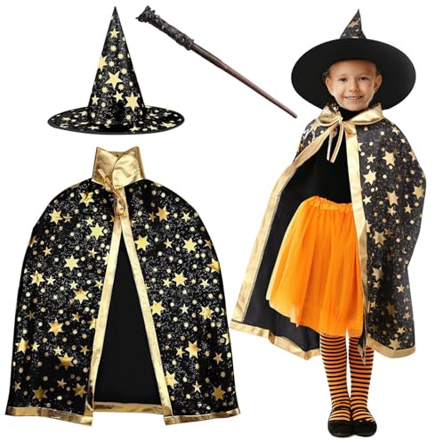 FainFun Chapeau et Cape Magicien, Cape de Sorcière avec Chapeau, Cape de Magicien Enfant, Enfant Cape de Citrouille Halloween, Manteau de Sorcière, Wizard Cape (Noir)