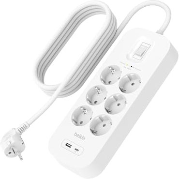 Belkin Multiprise USB avec Protection Contre Les surtensions à 6 Prises CA, Montage Mural, câble de 2 m, indicateur LED d'état, 1 Port USB-A et 1 Port USB-C PD de Charge Rapide, 650 Joules