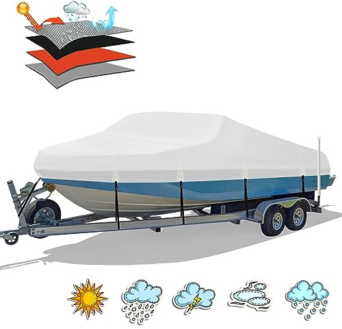 HAHASOLE Heavy Duty 1200D PU vattentätt båtskydd, 4,9 – 18,5 tum släpvagn marin kvalitet polyesterduk, passar 4,9–5,6 m V-skrov, basbåt, runabout, skidor, fiskebåt med åtdragrem