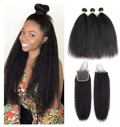 Haarverlängerungen Verworrene gerade Bundles mit Verschluss, Echthaar, 3/4 Bundles mit Verschluss, brasilianische Remy-Yaki-Haarverlängerung, natürliches Schwarz, vorgezupft, mit Babyhaar Echthaarbünd