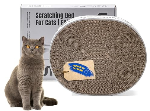 Klösbädd för katter – premium oval klösbräda 42 cm av 100% återvunnen wellpapp, kattbädd med naturlig kattmynta, robust tillbehör för kattungar och medelstora katter, skyddar möbler