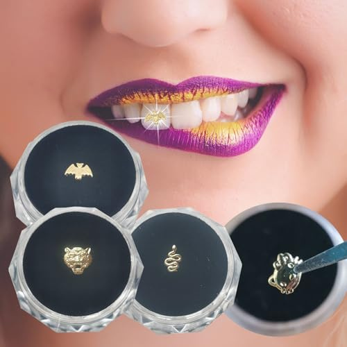 Chamon 8K Gold Tooth Gems with Snake Tiger Kitty Bat, Teeth Jewelry Party Decorations