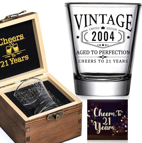 21st Birthday Gifts for Him Her - Limited Edition Shot Glass with Wooden Box - Vintage 2005 Cheers To 21 Years, Finally 21 Party Decorations Supplies - Turning 21 Bday Present for Men Brother Friends