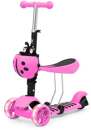 ADEPTNA 3-in-1 Kids Scooter with Removable Seat & LED Flashing Wheels, Adjustable Handlebar & Anti-Slip Pedal Lean-to-Steer Kick Scooter Toddlers Girls Ages 2-11 Years Sturdy 3-Wheel Design (PINK)