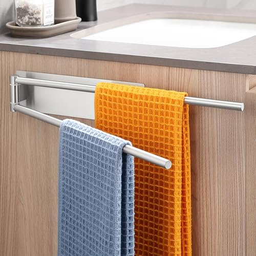 Dvocel Toallero sin Taladro de 2 Brazos, Barra de Toalla Giratorio 180° de Acero Inoxidable SUS304, Soporte Toallas Autoadhesivo para Baño y Cocina, Plata Cepillado