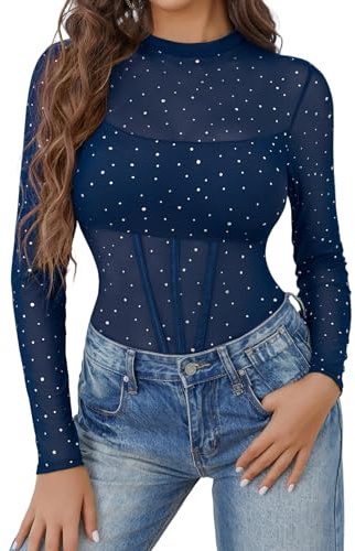 Avidlove Women Mesh Bodysuit Lingerie Mock Neck Long Sleeve Sheer Rhinestone Going Out Top Navy Blue