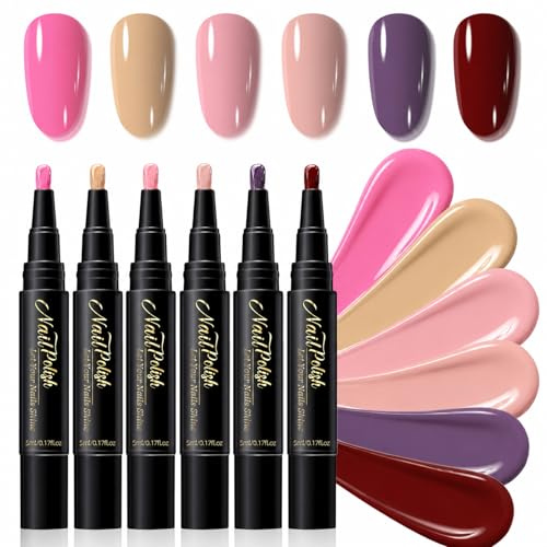 MEITREND Lot de 6 Pinceaux à Ongles 3-en-1, Séchage Rapide, Base Coat, Gel Couleur & Top Coat en Un pour Manucure DIY, Kit de Pinceaux à Ongles Acryliques, Résistant aux Écailles pour un Nail Art