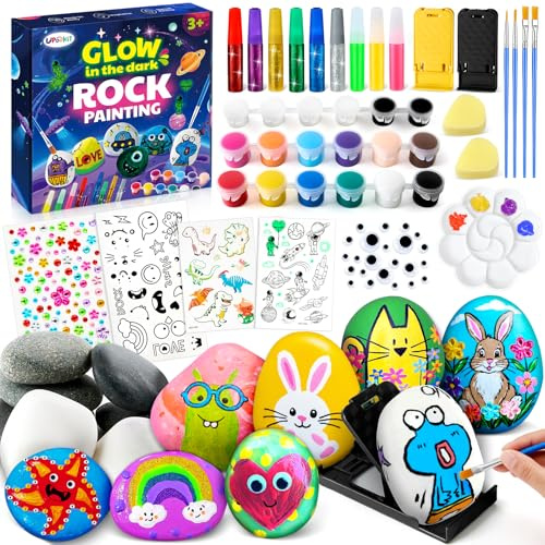 UPDOKIT Kids Rock Painting Kit, Arts and Crafts for Kids Age 3-12 with Glow in The Dark Paint & Stickers, White & Natural Stones, Craft Paint Kits, DIY Christmas Creative Craft Presents for Boys Girls