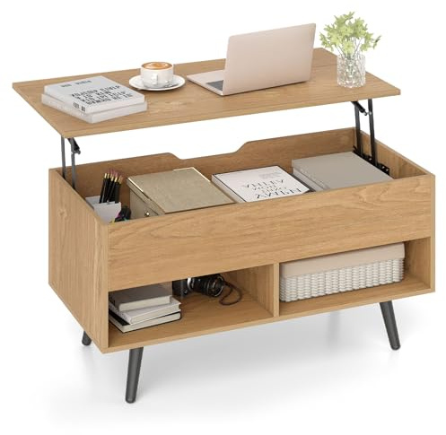 COSTWAY Lift Up Top Coffee Table, Wooden Lifting Cocktail Center Table with Hidden Storage Compartment and Open Shelves, Rectangle Accent Sofa Side Tea Tables for Living Room Office (Natural)