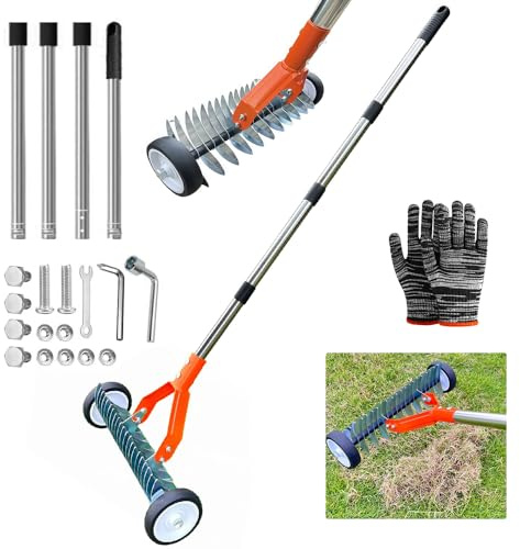 Escarificador manual con ruedas, escarificador con mango de 170 cm, aireador de césped con ruedas, rastrillo de corte de metal para jardín, desmontable, rastrillo de escarificación ajustable