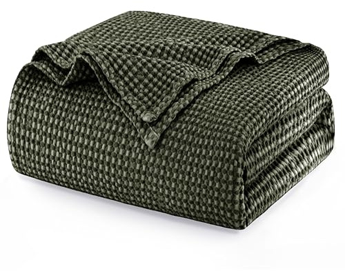 Talasily 100% Cotton Waffle Blanket Throw Blanket for Sofa - Double Size Blankets for Bed, Soft Lightweight Breathable Bed Blanket, Home Decor Gift Blanket 150 x 200cm,Olive green